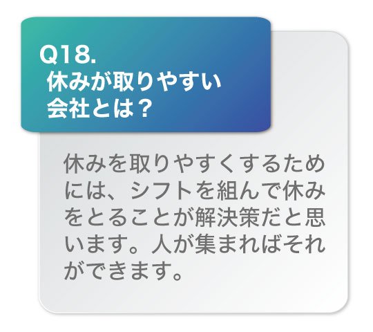 休みが取りやすい会社とは？休みを取りやすくするためには、シフトを組んで休みを取ることが解決策だと思います。人が集まればそればできます。