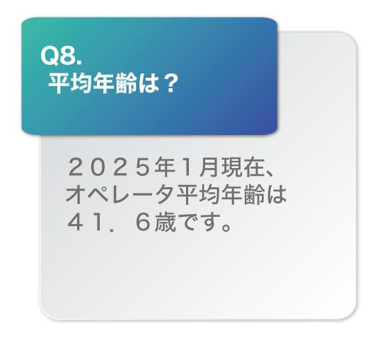 平均年齢は？2025年1月現在、オペレータ平均年齢は41.6歳です。